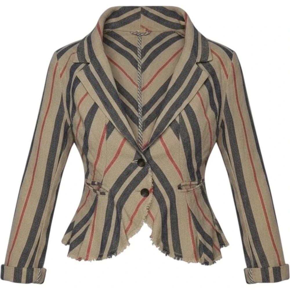 Free People Rumble Striped Linen Peplum Blazer Boho Jacket Frayed Hem Sz 8